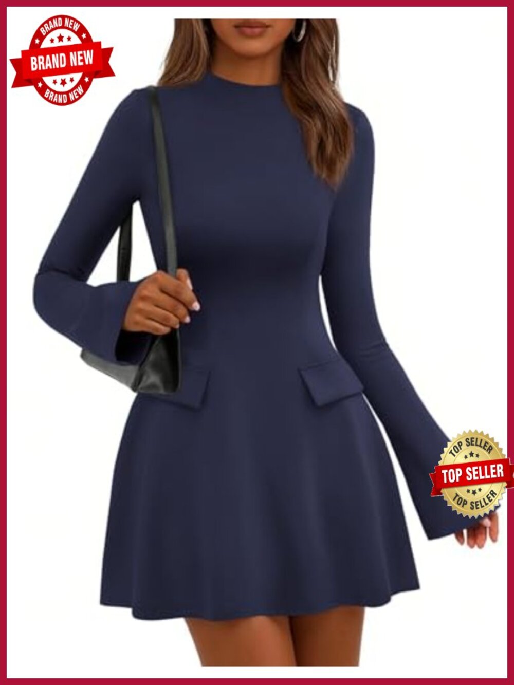 Women's Bell Sleeve Bodycon Mini Dress Mock Neck Long Sleeve Party